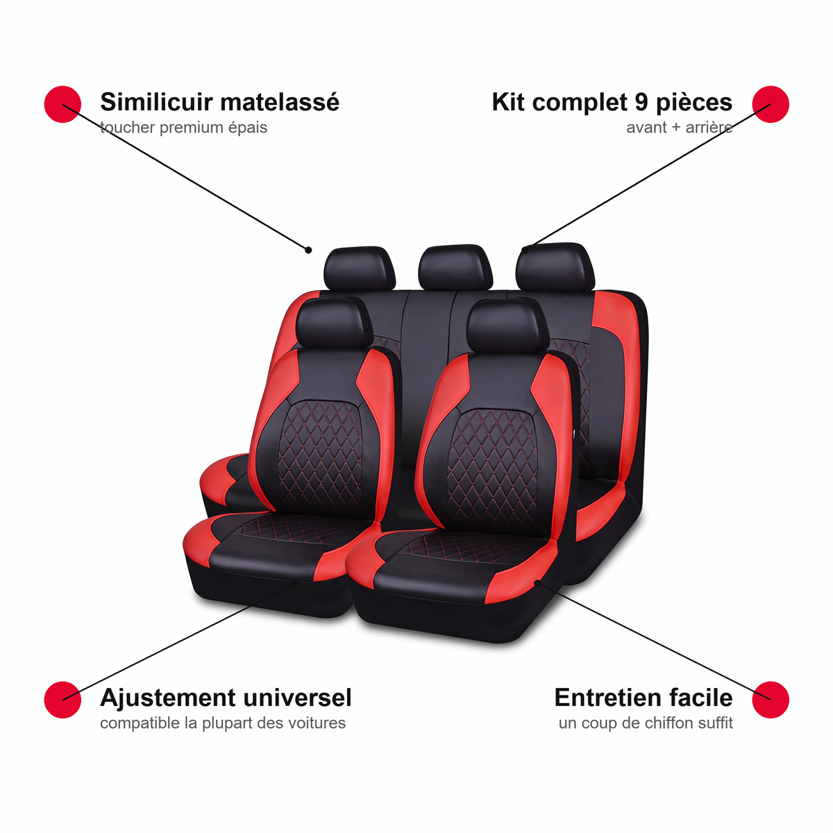 Ensemble 9 Housses de Siège Auto en Cuir